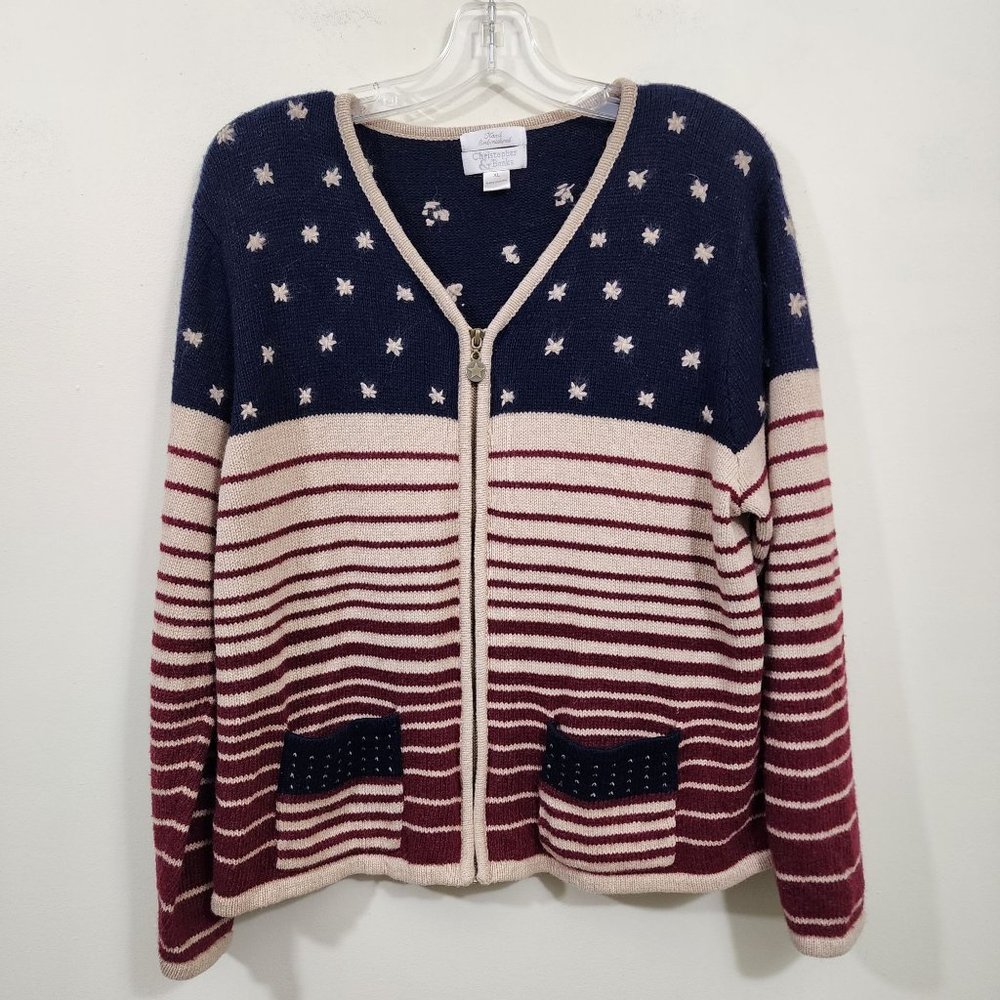 Vintage Christopher Banks stars & stripes zip front cardigan sweater size XL‎